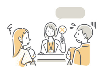 役所の窓口で申請を断られる4人家族　シンプルでお洒落な線画イラスト