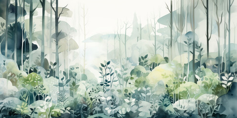 Watercolor stylized illustration of green forest and trees, white background, wallpaper style