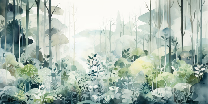 Watercolor Stylized Illustration Of Green Forest And Trees, White Background, Wallpaper Style