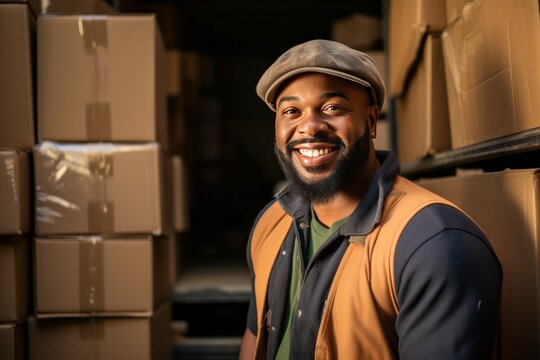 Close-up portrait of a male courier with cardboard boxes on a city street. Confident positive African American young man delivering a package to a customer. Logistics and delivery concept.