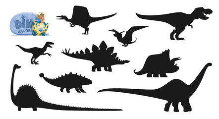 Cartoon dinosaurs isolated characters silhouettes. Spinosaurus, Tyrannosaur, Pterodactyl, Pteranodon and Velociraptor, Stegosaurus, Triceratops, Ankylosaurus and Diplodocus dinosaur silhouettes set © Vector Tradition