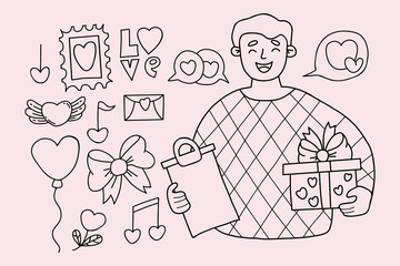 Love doodles. Cute man with gift, Heart, love symbols, valentines, balloon, note, letter. Vector isolated romantic outline hand drawings for festive design.