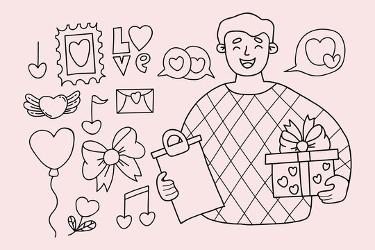 Love doodles. Cute man with gift, Heart, love symbols, valentines, balloon, note, letter. Vector isolated romantic outline hand drawings for festive design.