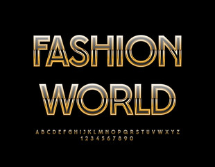 Vector trendy sign Fashion World. Stylish Black and Golden Font. Unique elegant Alphabet Letters and Numbers