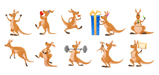 Cartoon kangaroo character, cute animal joey or Australian wallaby, vector happy mother with baby in pouch. Funny comic cartoon kangaroo with birthday gift, jumping with love heart or on sport gym - obrazy, fototapety, plakaty