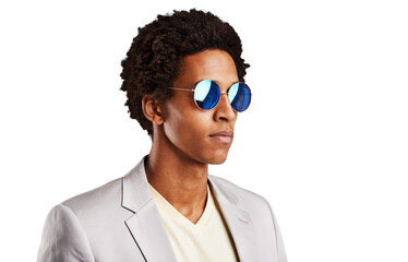 Face, fashion and sunglasses with a business black man isolated on a transparent background....