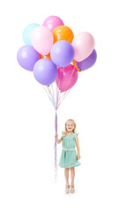 Obraz premium Portrait, happy kid or little girl with balloons for party, event or celebration with excitement on face. Youth, cute fashion and smile for inflatable object on isolated on transparent png background