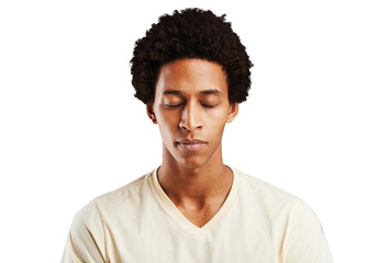 Face, relax and mindfulness with a quiet black man isolated on a transparent background for...