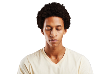 Face, relax and mindfulness with a quiet black man isolated on a transparent background for meditation. Calm, peace and eyes closed with a young person on PNG for wellness, zen or inner peace