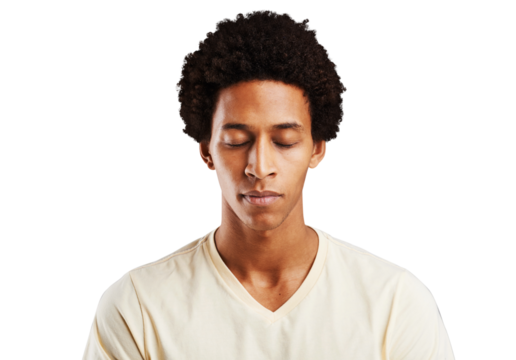 Face, relax and mindfulness with a quiet black man isolated on a transparent background for meditation. Calm, peace and eyes closed with a young person on PNG for wellness, zen or inner peace