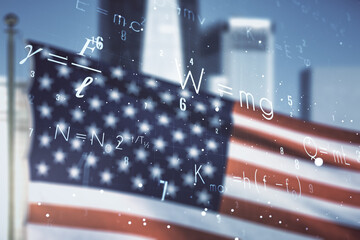 Double exposure of scientific formula hologram on USA flag and blurry cityscape background,...