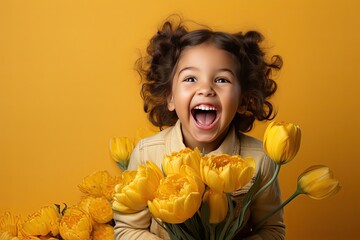 Cheerful little girl in sweatshirt with bouquet of yellow tulips over yellow background. Happy smiling small girl posing in studio. March 8, mother's day, banner, space for text.