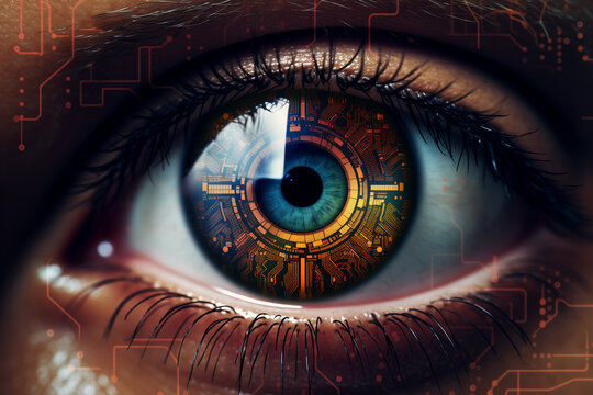 Gros plan d'un œil comme un radar ou une puce informatique, portrait futuriste de l'iris - Powered by Adobe