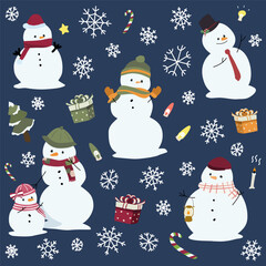 Snowman and Snowflake Christmas Blue Pattern Vector
