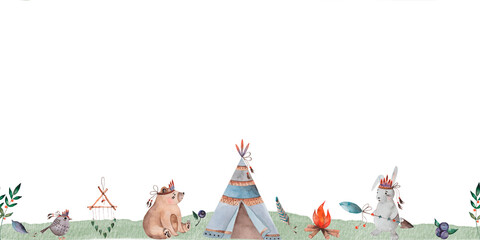 Watercolor seamless border with wigwam and cute animals bear, bunny and bird in boho style. Design of banners and textiles. © Татьяна Трущелева