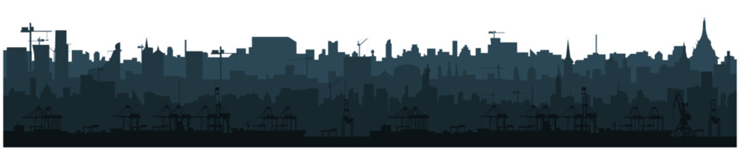 City skyline silhouette and cargo port with cranes isolated on white background. Parallax layers.