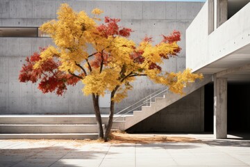 Trees with autumn yellow foliage against the backdrop of an ultra-modern minimalist concrete and glass building. A combination of a colorful living object and a gray monochrome inanimate background.