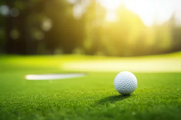 Fotobehang Close-up golf ball on tee with blur green bokeh background © DK_2020