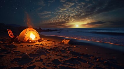 Fototapeta na wymiar A tent pitched on a remote beach photo realistic illustration - Generative AI.