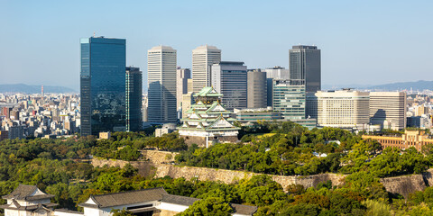 Osaka Castle from above skyline with skyscraper panorama in Japan