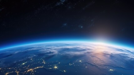 Surface of Earth planet in deep space. Outer dark space wallpaper. Night on planet with cities lights. View from orbit. Elements of this image furnished by NASA - obrazy, fototapety, plakaty