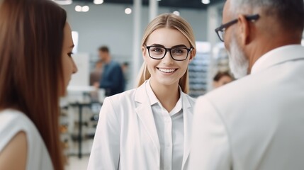 A female salesperson wearing glasses smiles looking at the camera