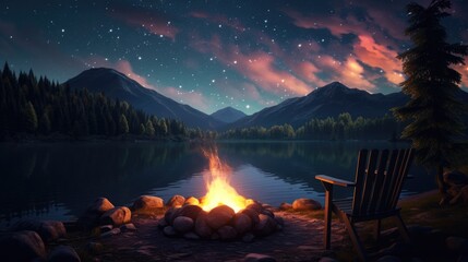A tranquil lakeside campfire cartoon illustration - Generative AI.
