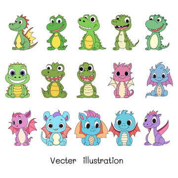 Set of clip art cartoon crocodile and dragons or dinosaurs isolated on the background. Ready to apply to your story book, digital product, mockup, template, t shirt design. Vector illustration.