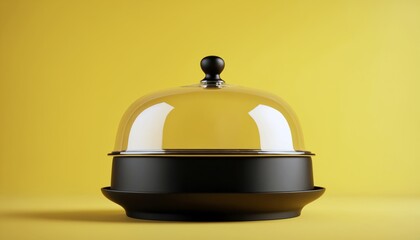 Fototapeta premium Black Dish with lid isolated on yellow, opened restaurant cloche, launch time promo banner concept. 3d rendering