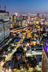 Obraz premium Osaka big city lights from above skyline with skyscraper portrait format at twilight in Japan