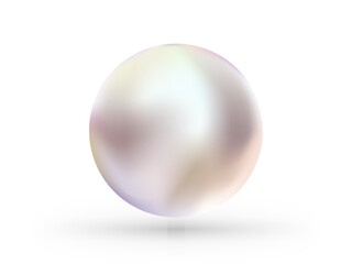 Spherical beautiful 3D pearl on white background. Round colored nacre formed within the shell of a pearl oyster, precious gem. Vector illustration.  Beautiful 3D shiny natural White Pearl. 