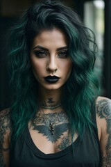 Fototapeta premium European tattooed woman with black-green hair, dark lips and huge eyelashes, dark eyeshadows. She is wearing black t-shirt.