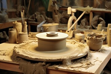 At the core of the ceramics studio lies the potter's wheel, a fundamental element in the artistic endeavors