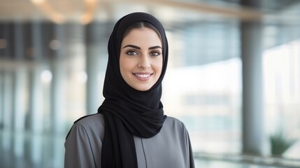 Business Career For Muslim Woman. Portrait Of Confident Arabic Businesswoman In Hijab Standing With Folded Arms Near Her Workplace In Office
