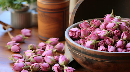 Bowl of Pink Damask Rose Buds for Aromatherapy and Decor