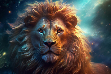 Portrait of an African lion animal. Leo zodiac sign.