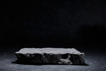 Flat stone pedestal, black and white template, banner background. Minimalism concept, empty podium...