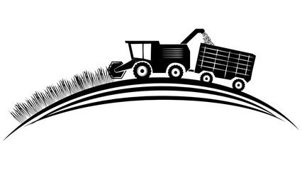 Obraz premium Set of silhouette scenes from farm life with fields, barns and machinery on rounded land isolated on white background. Rural clipart.