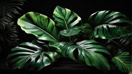 tropical green leaves in dark background