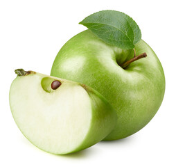 Green ripe apple with green leaf clipping path