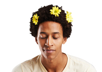 Man, eyes closed and face with flowers in hair for natural, fresh and fragrance for organic...
