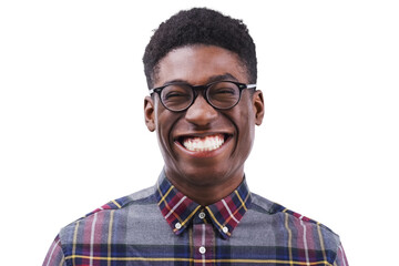 Portrait, black man and smile with laugh for funny, joke or humor with happiness. Male student, silly or goofy with comic expression on face with glasses on isolated or transparent png background - obrazy, fototapety, plakaty
