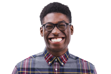Portrait, black man and smile with laugh for funny, joke or humor with happiness. Male student, silly or goofy with comic expression on face with glasses on isolated or transparent png background
