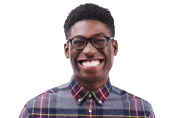 Deurstickers Portrait, black man and smile with laugh for funny, joke or humor with happiness. Male student, silly or goofy with comic expression on face with glasses on isolated or transparent png background © Mayur/peopleimages.com