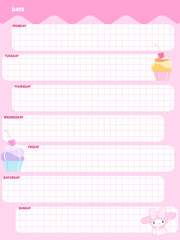 Cute inspiration notepaper pink kawaii design printable .  White pink pages for tags , weekly notes,  to do list minimal style Monday- Saturday 