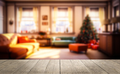 White, wooden empty table with Christmas decoration in living room. Copy space.