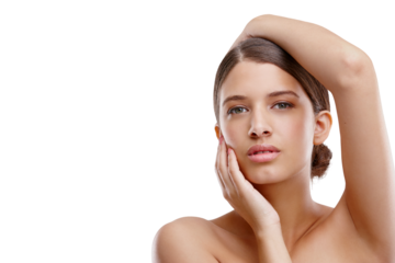 Isolated woman, beauty and skincare in portrait for health, glow and natural by transparent png background. Girl, model and touch with facial transformation, cosmetics and skin change for wellness