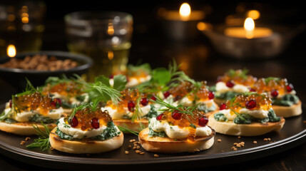 Fototapeta premium New Year's treat, Christmas, festive table, canapes, snacks, lunch, dinner, cooking, food, meal, delicious sandwiches, buffet table, holiday, restaurant, cafe, decoration