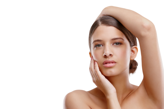 Isolated woman, beauty and skincare in portrait for health, glow and natural by transparent png background. Girl, model and touch with facial transformation, cosmetics and skin change for wellness