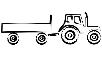 A set of agricultural machinery outline isolated on white background. Combine harvester and tractor with trailer. Clipart.